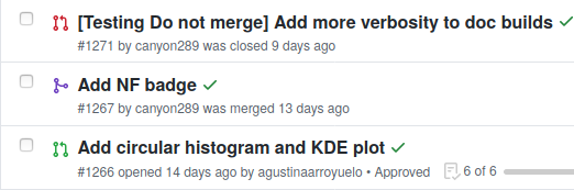 Screenshot of default GitHub PR list. Closed and open PRs use the same icon but different color: red and green